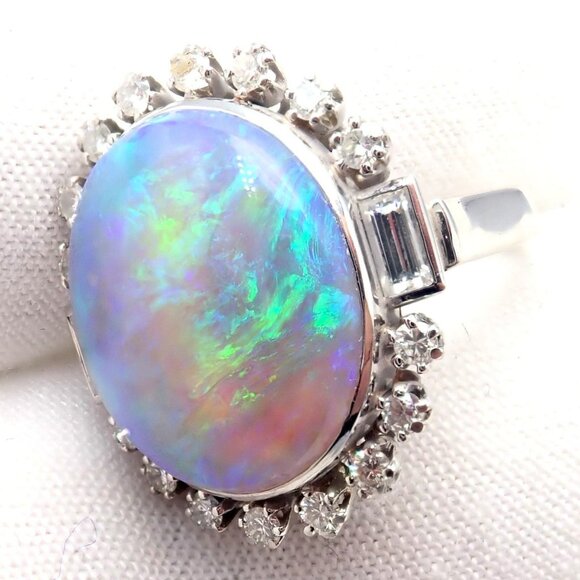 Antique Vintage Estate Palladium Diamond Opal Ring - Picture 9 of 12